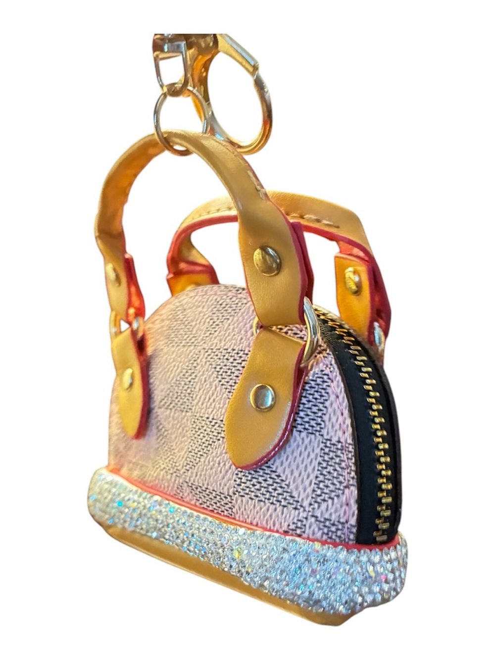 Gold Handle Pink Pattern Mini Bag Charm with Crystal Base